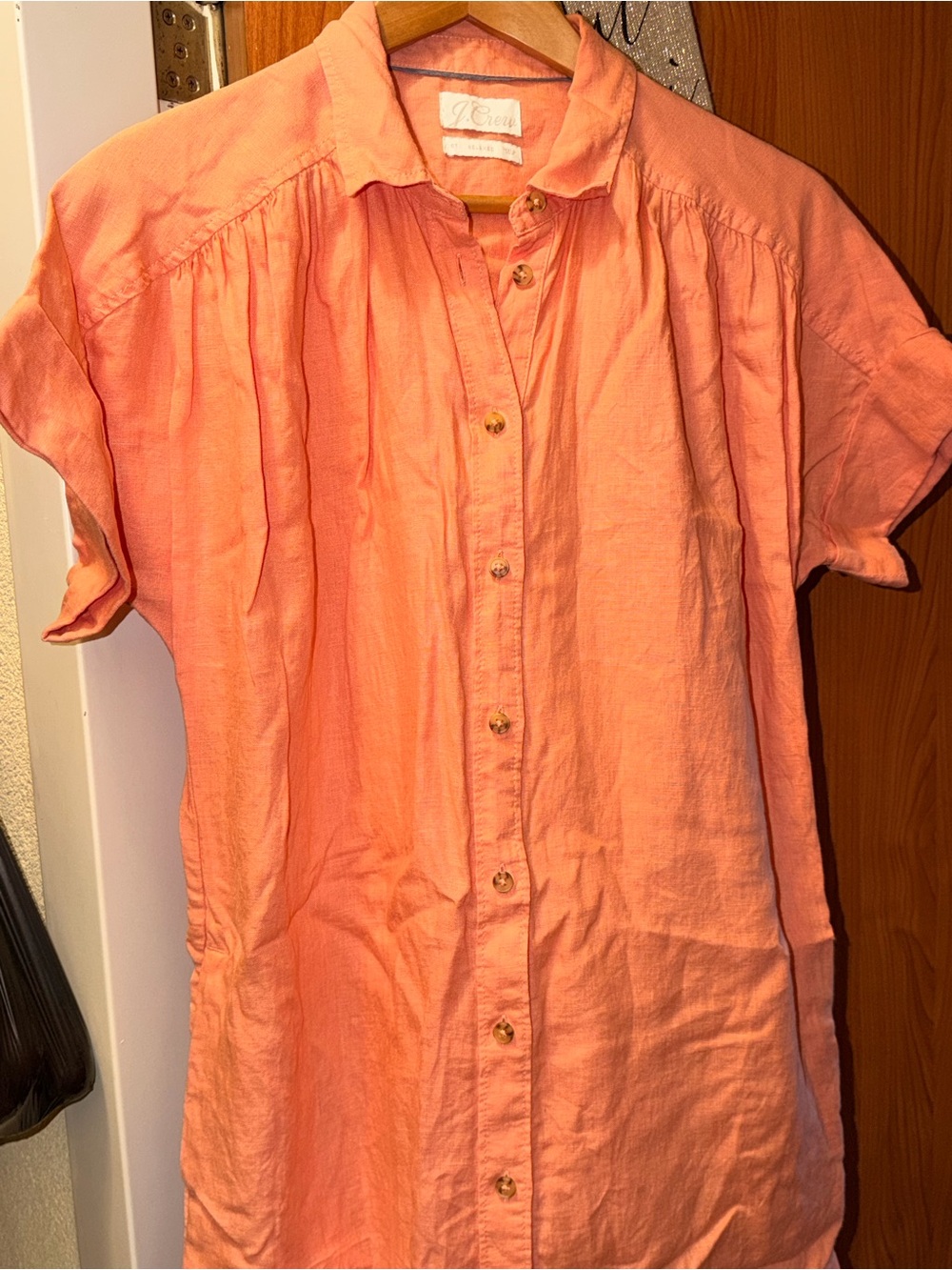 J. Crew Peachy Coral Button-Front Linen Shirt Dress Size S #111